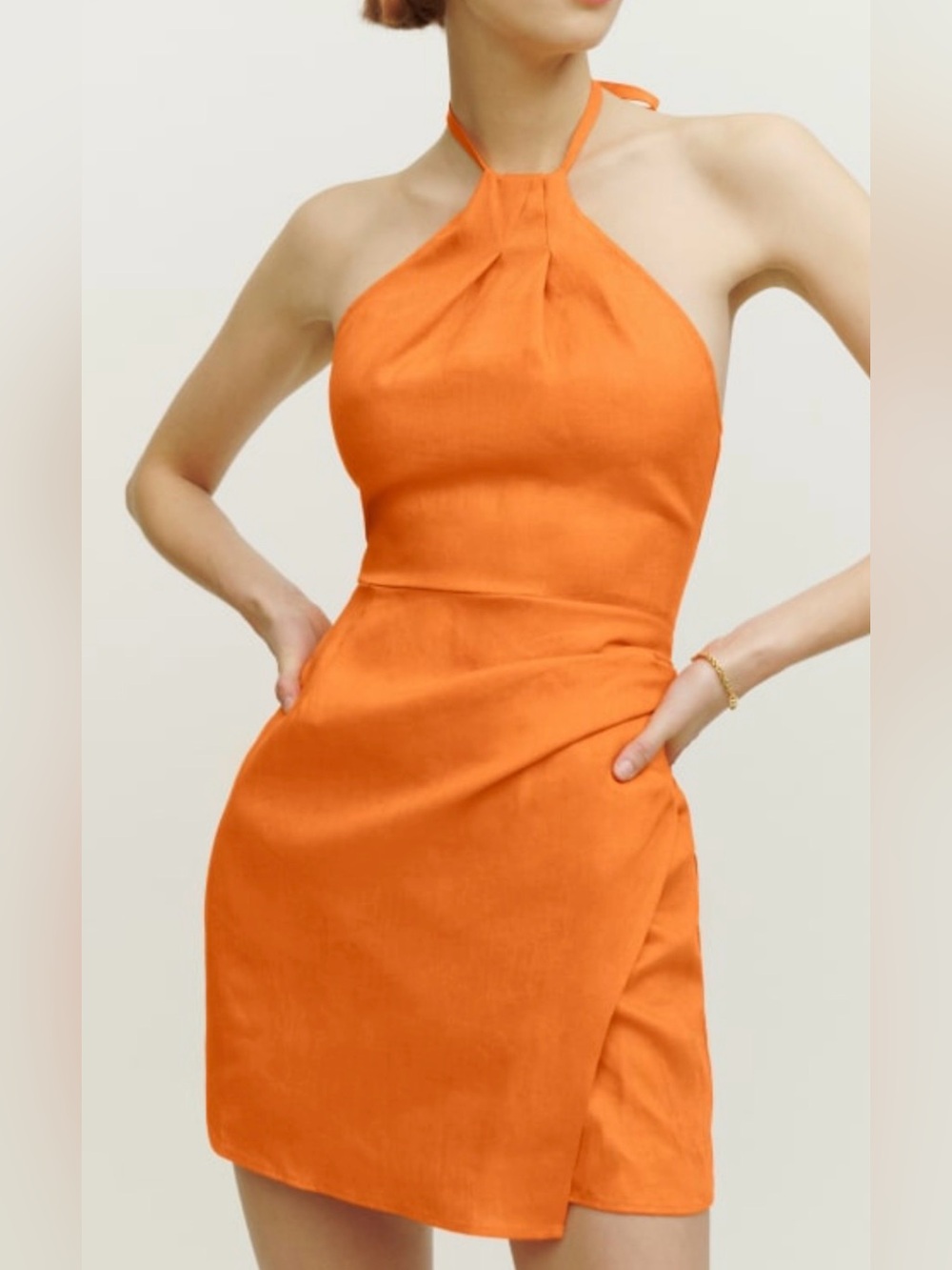 Reformation dory linen faux wrap halter citrus mini dress size 0